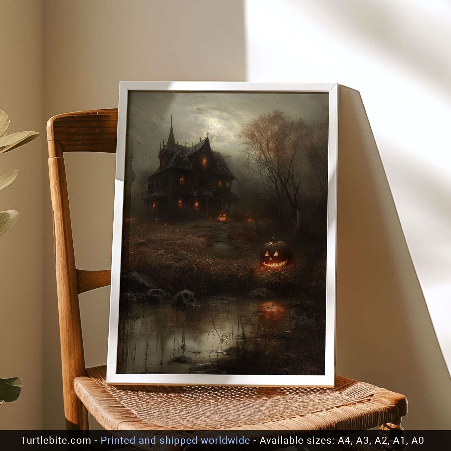 Hauntingly Beautiful - Classic Halloween Pumpkin Poster and Haunted House Art Print for Home Decor