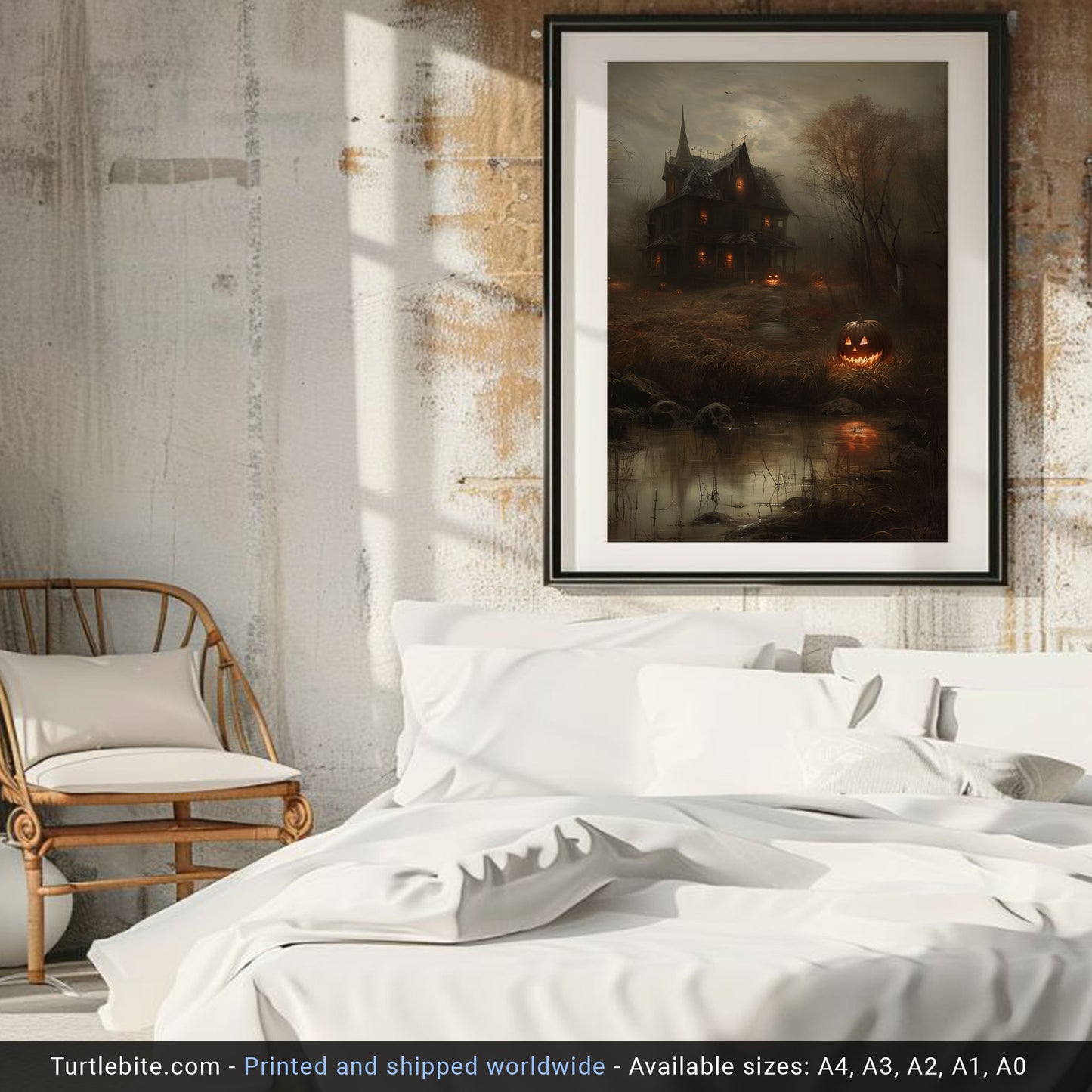 Hauntingly Beautiful - Classic Halloween Pumpkin Poster and Haunted House Art Print for Home Decor