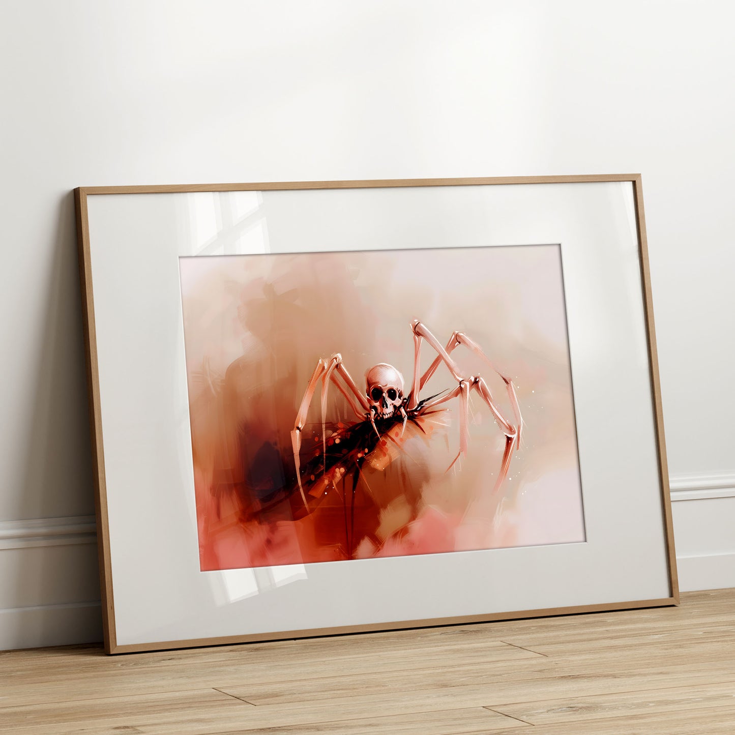 Coral Skeletal Spider Painting - Warm Color Wall Art for Creepy Beauty