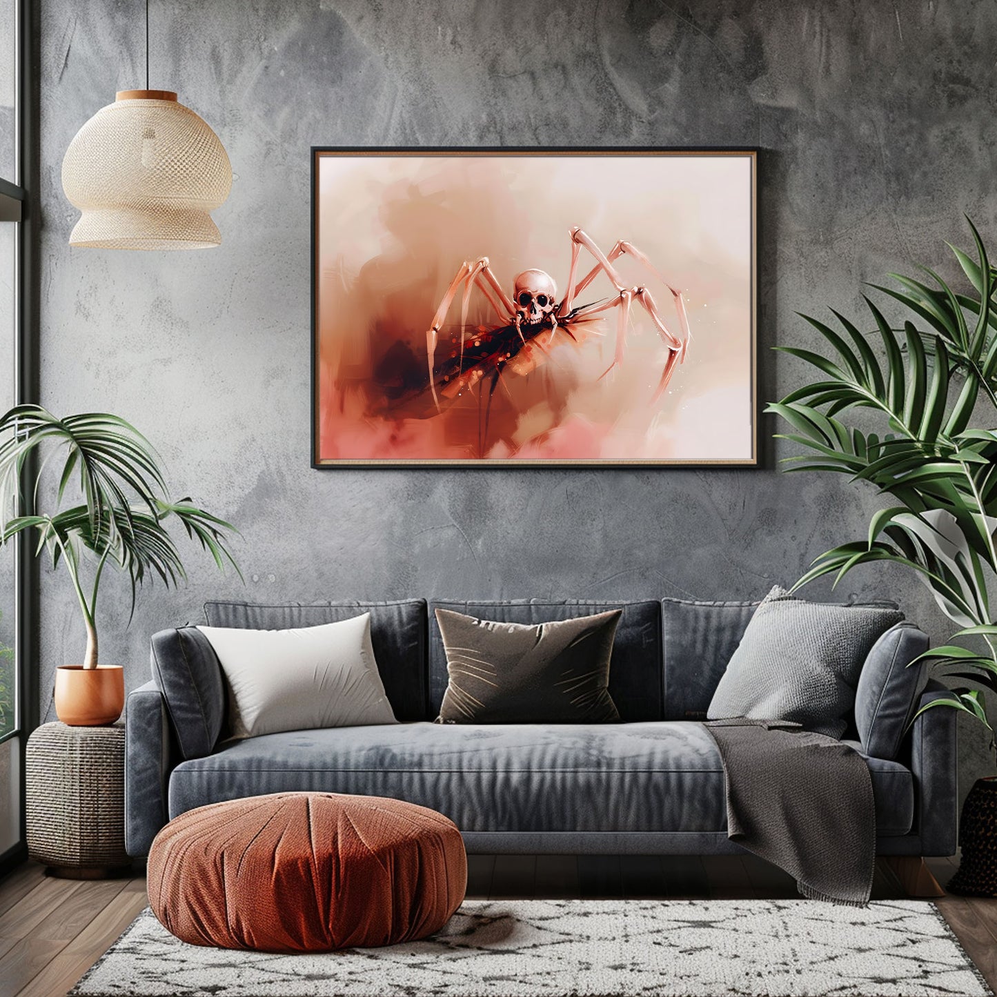 Coral Skeletal Spider Painting - Warm Color Wall Art for Creepy Beauty