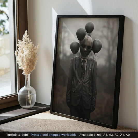 Creepy Balloon Man Poster - Gothic Wall Art Decor - Dark Fine Art Print - Ghost Poster