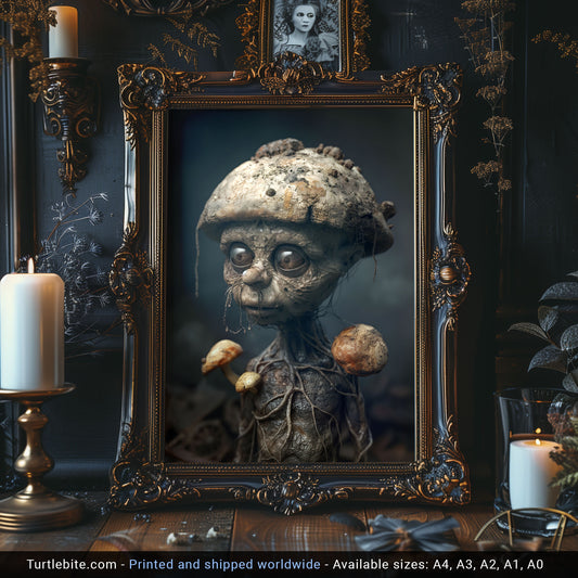 Creepy Cute Botanical Print - Little Mushroom Man in Dark Forest Poster