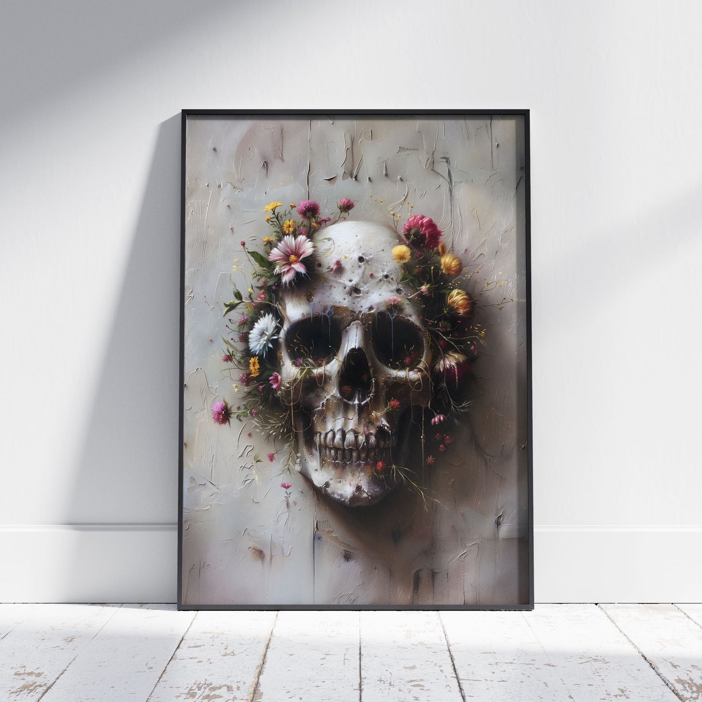 Creepy Gothic Floral Skull Painting - Dark Fine Art Poster Print