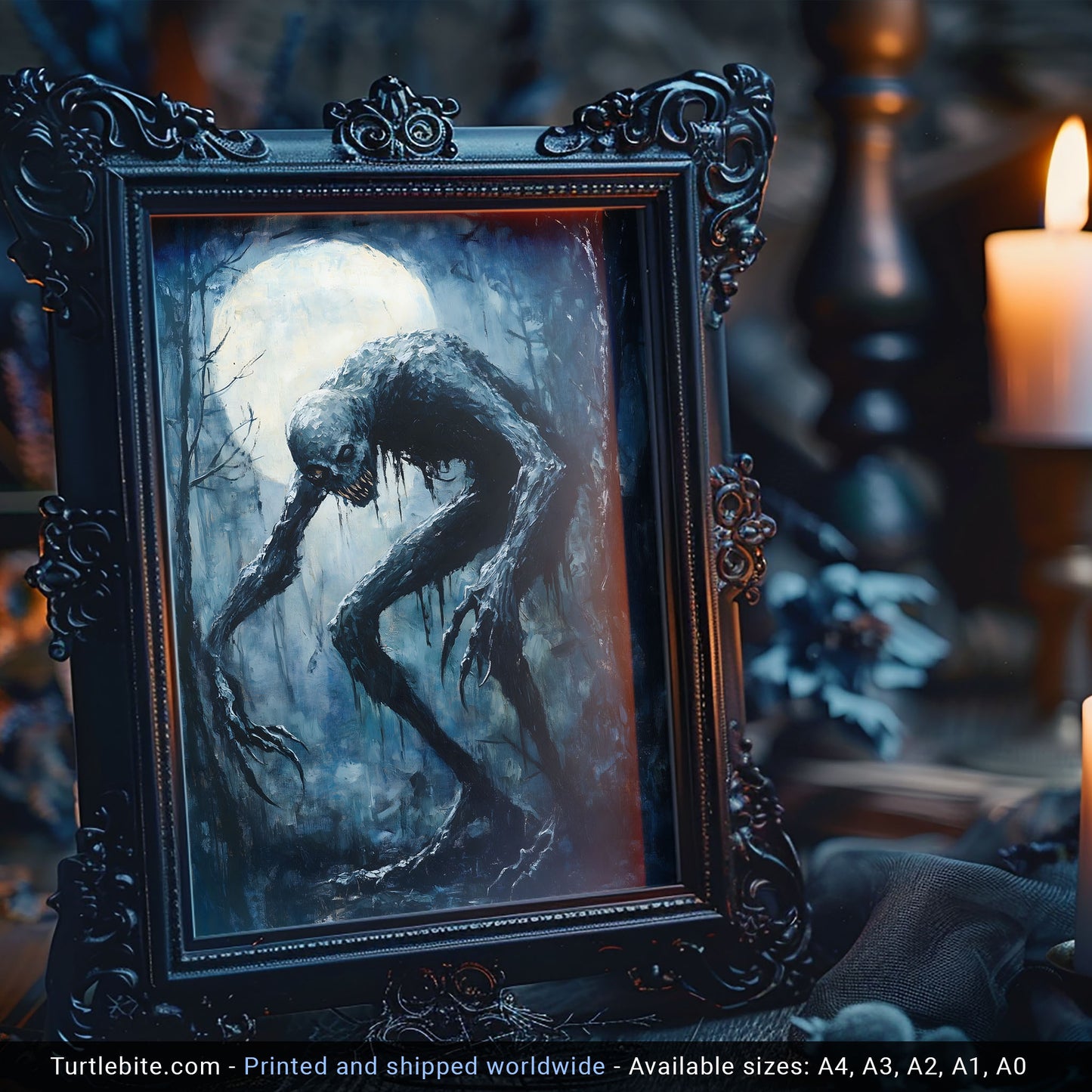 Creepy Humpbacked Monster in the Moonlight Poster Print | Whimsical Art Print | Mysterious Painting