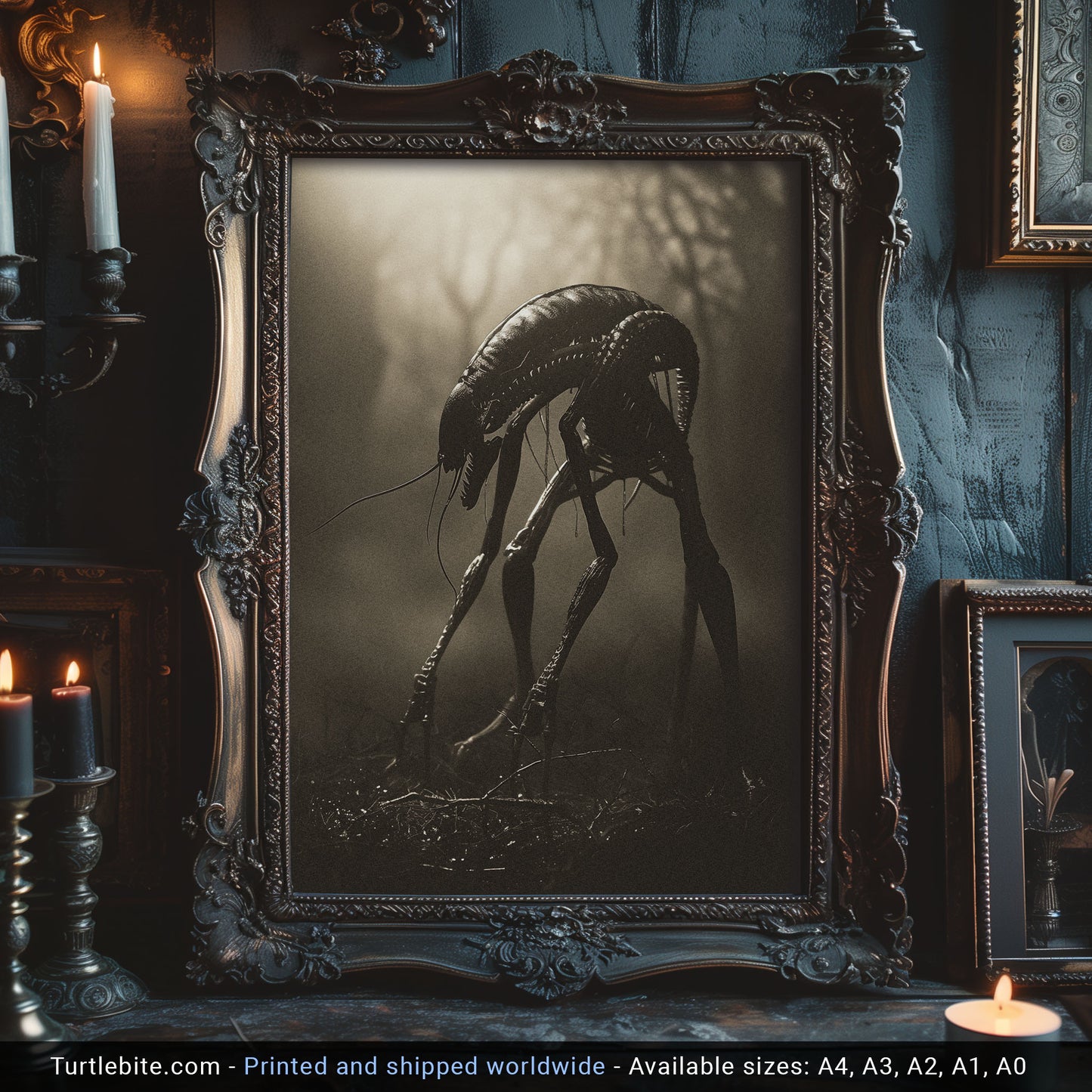 Creepy Insect Creature in Misty Forest Poster, Horror Wall Art, Vintage Poster