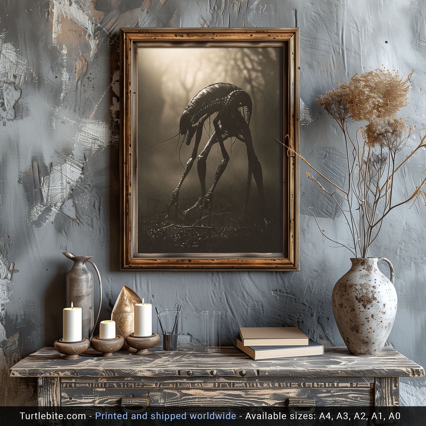 Creepy Insect Creature in Misty Forest Poster, Horror Wall Art, Vintage Poster