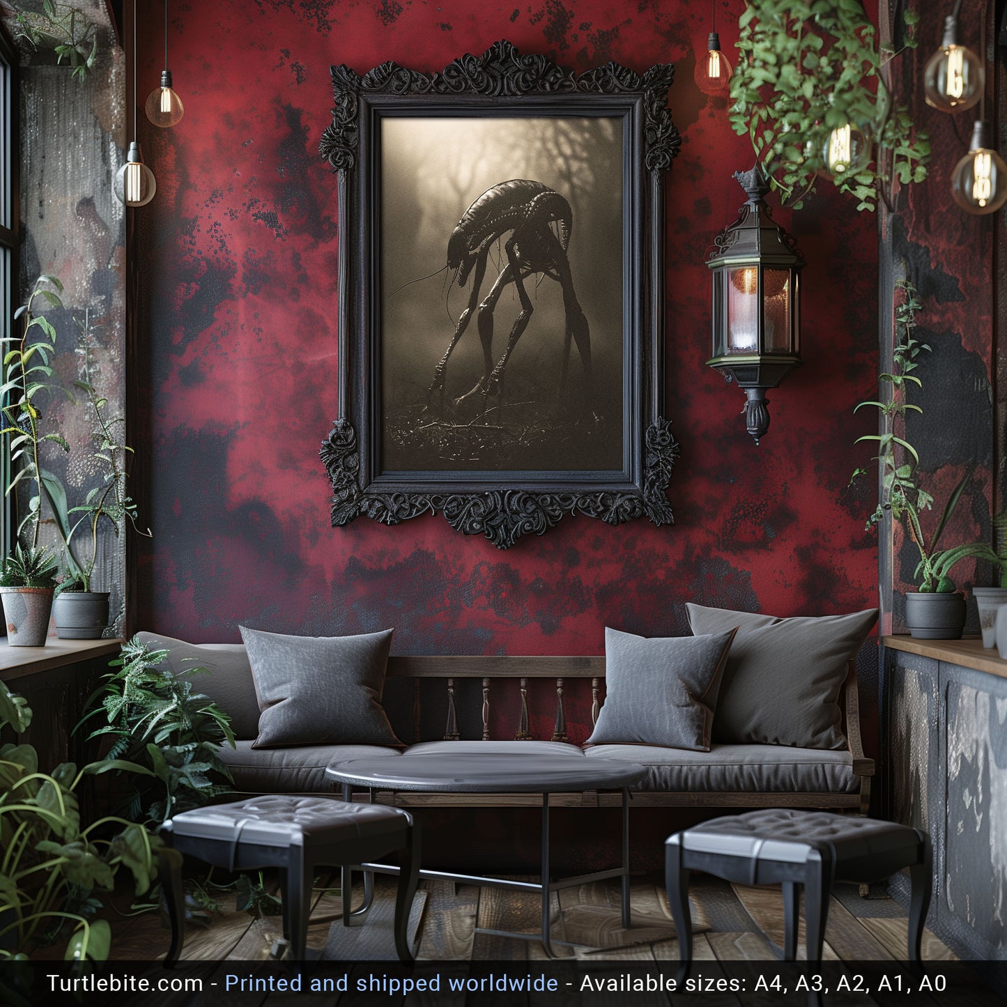 Creepy Insect Creature in Misty Forest Poster, Horror Wall Art, Vintage Poster