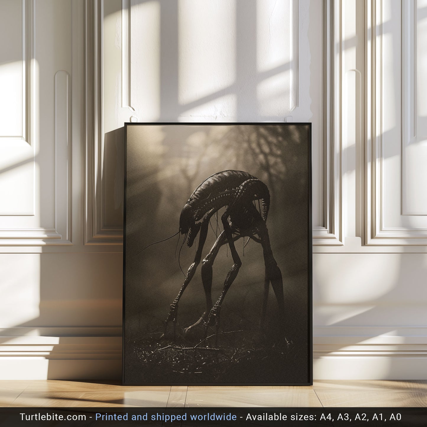 Creepy Insect Creature in Misty Forest Poster, Horror Wall Art, Vintage Poster