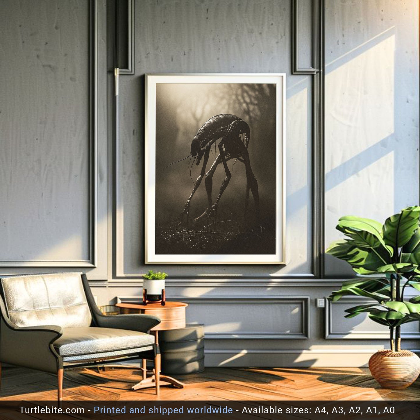 Creepy Insect Creature in Misty Forest Poster, Horror Wall Art, Vintage Poster