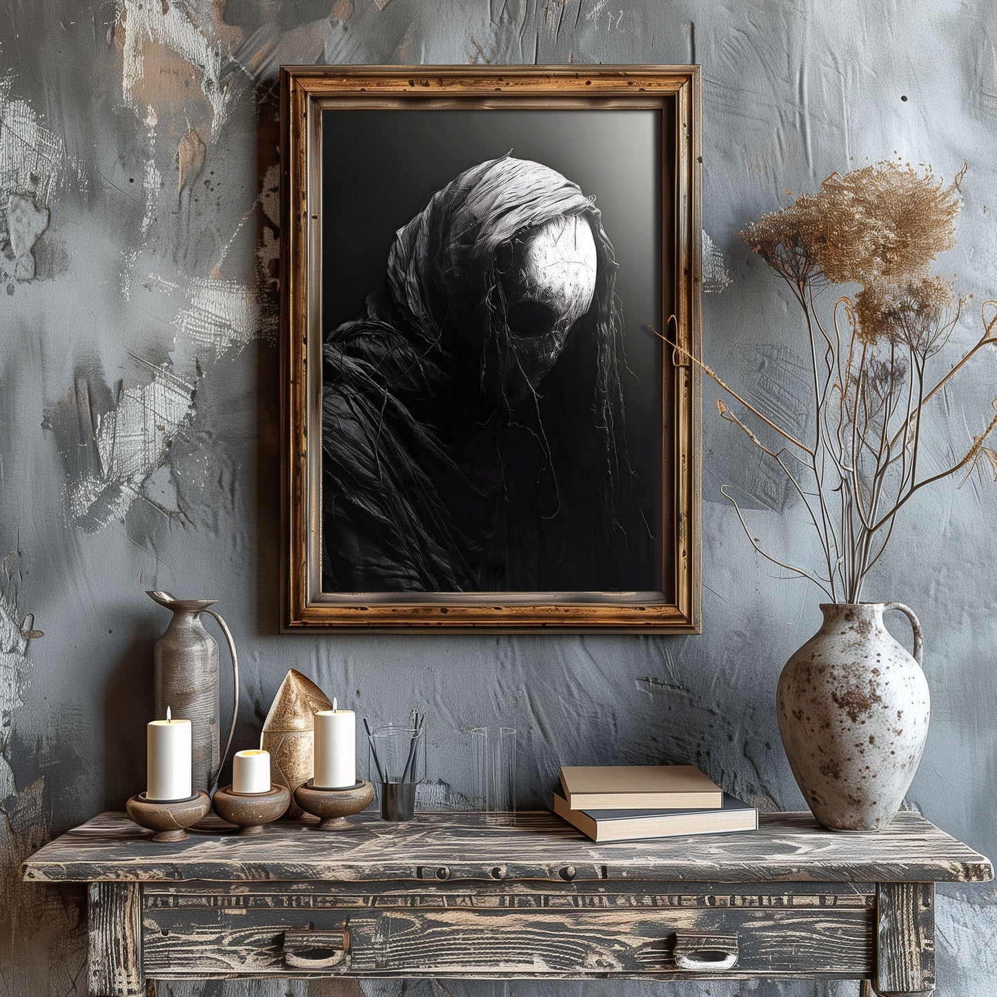 Creepy Masked Guy Art Print, Black and White Horror Poster