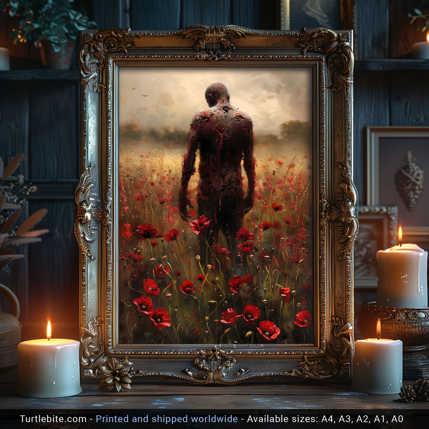 Creepy Pantomine in Flowers Painting - Melancholic Gothic Poster - Print Dark Fine Art