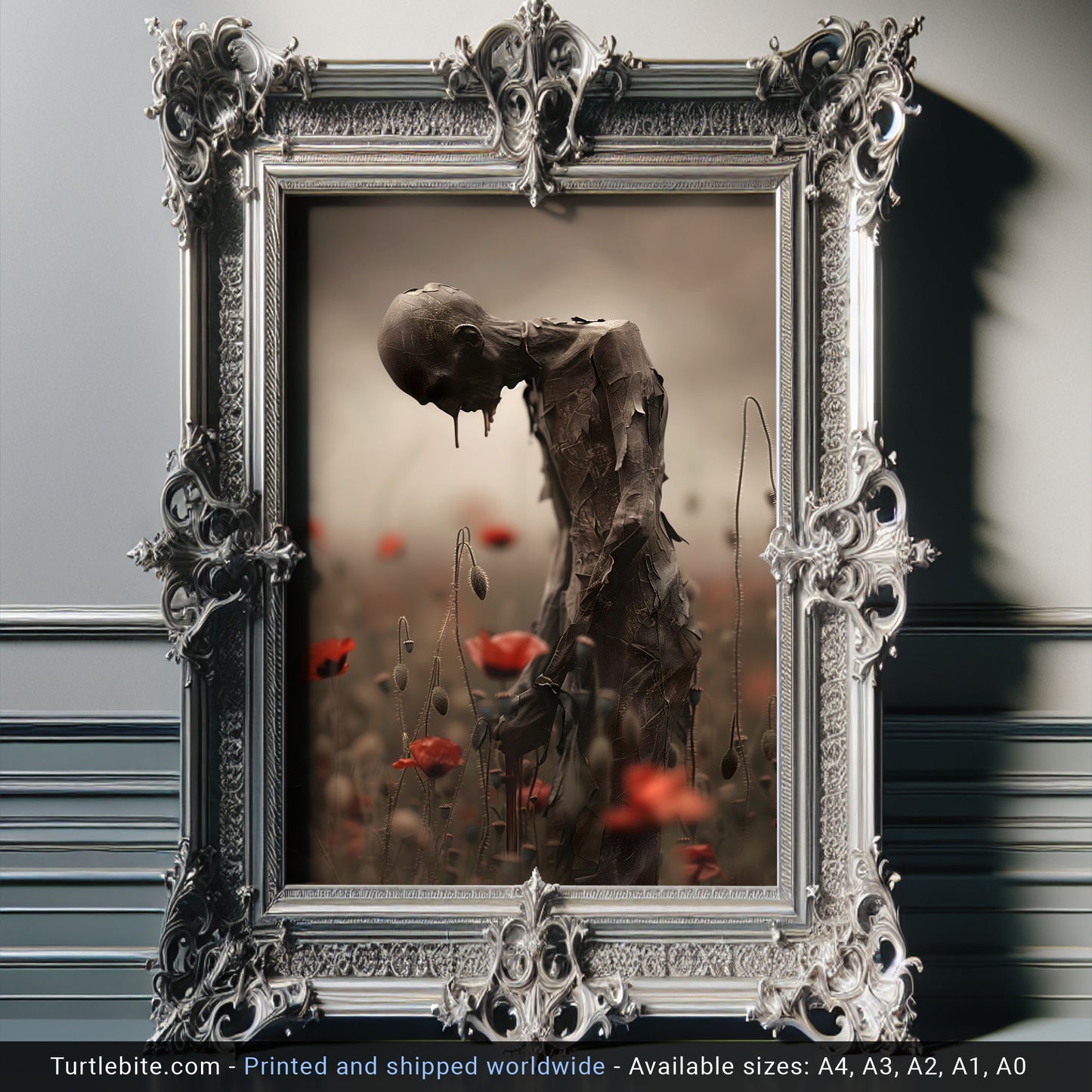 Creepy Poster Print of Melancholic Man in Field of Flowers | Spooky Wall Art