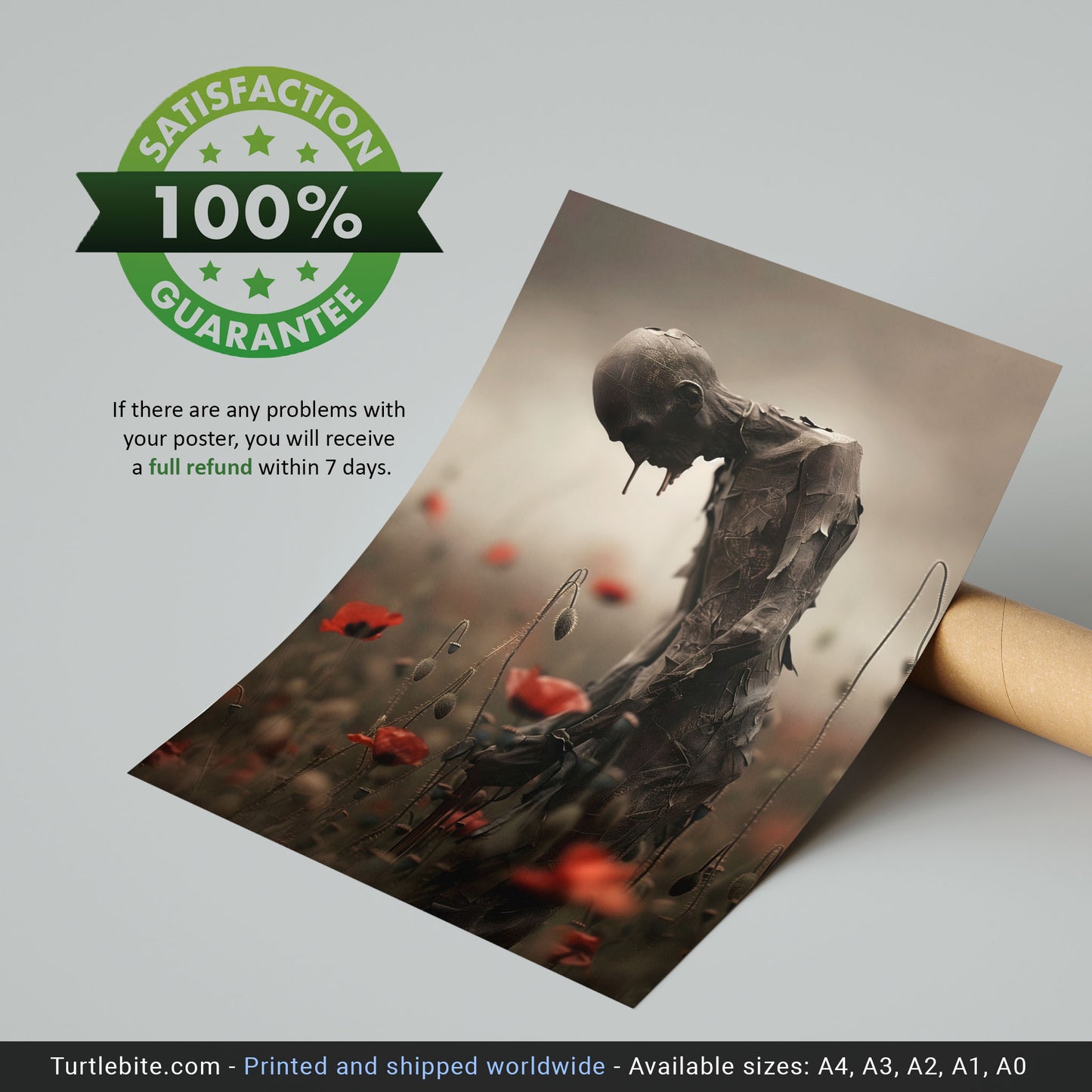 Creepy Poster Print of Melancholic Man in Field of Flowers | Spooky Wall Art