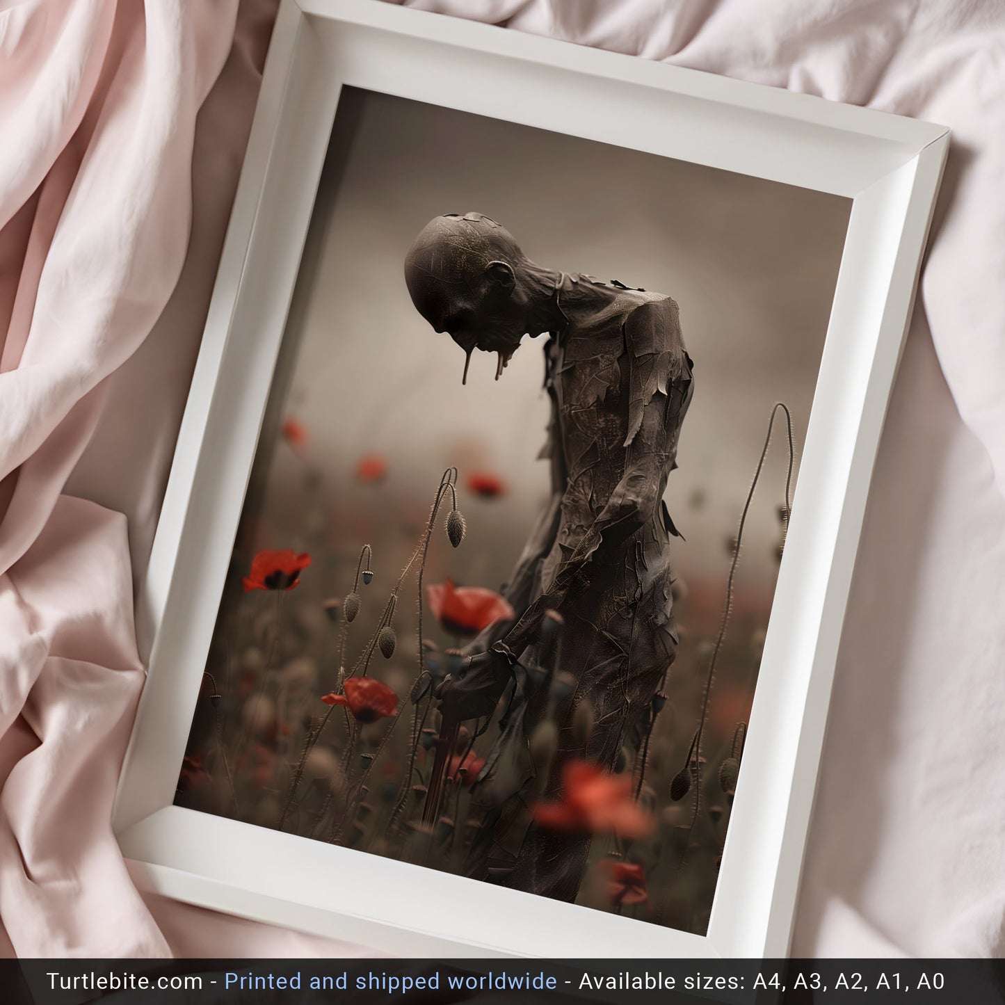 Creepy Poster Print of Melancholic Man in Field of Flowers | Spooky Wall Art