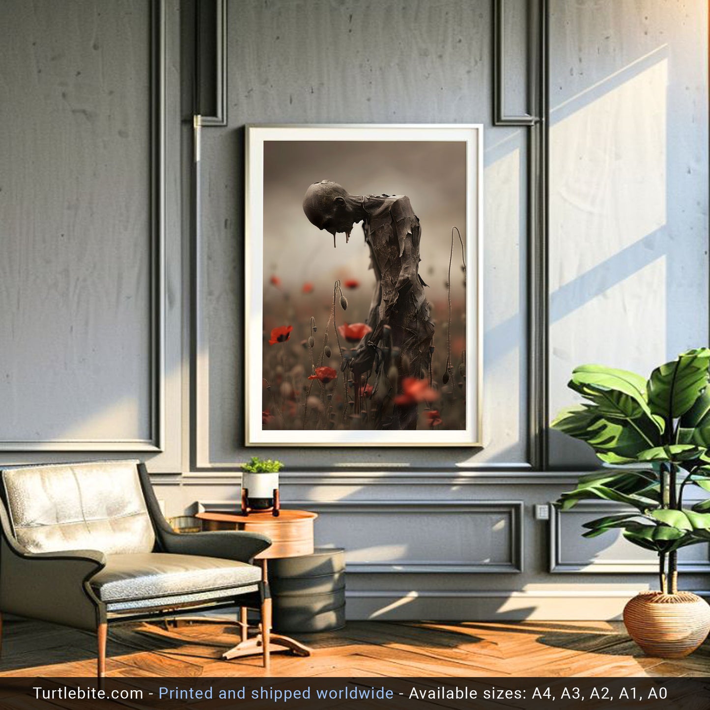 Creepy Poster Print of Melancholic Man in Field of Flowers | Spooky Wall Art