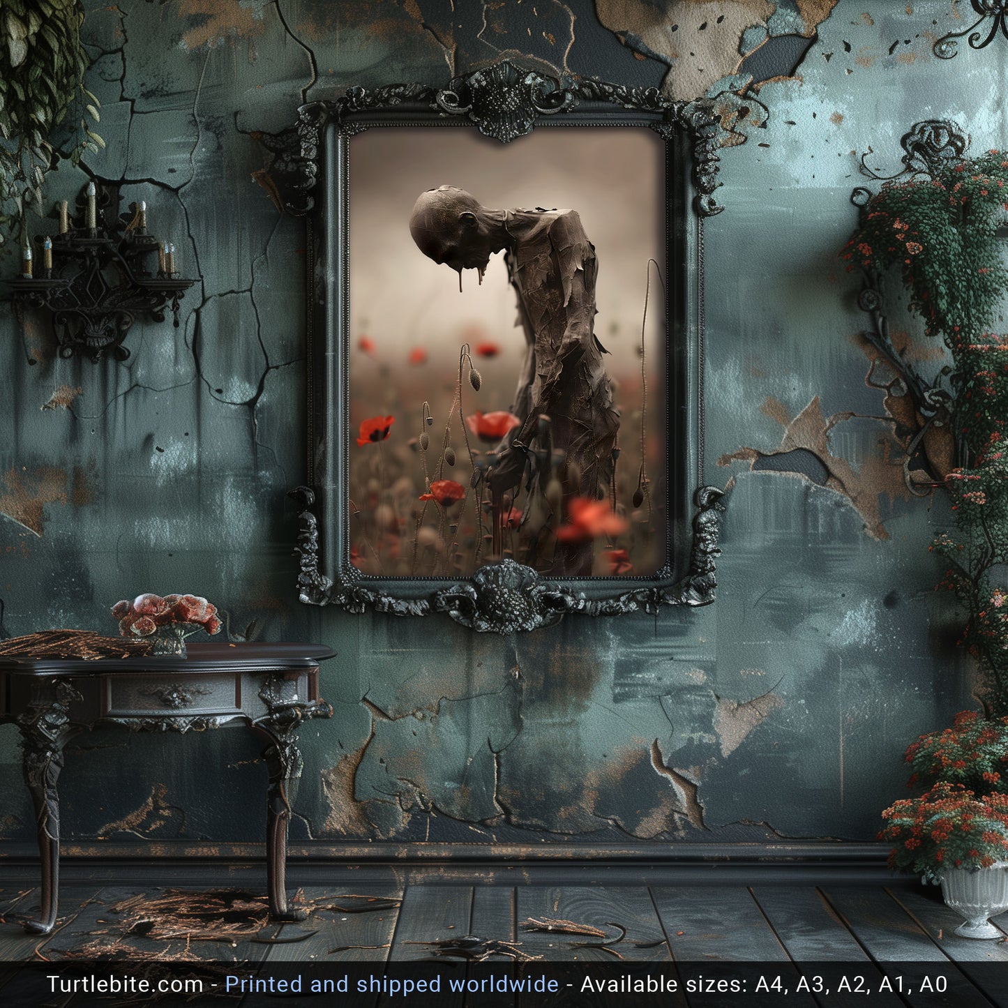 Creepy Poster Print of Melancholic Man in Field of Flowers | Spooky Wall Art