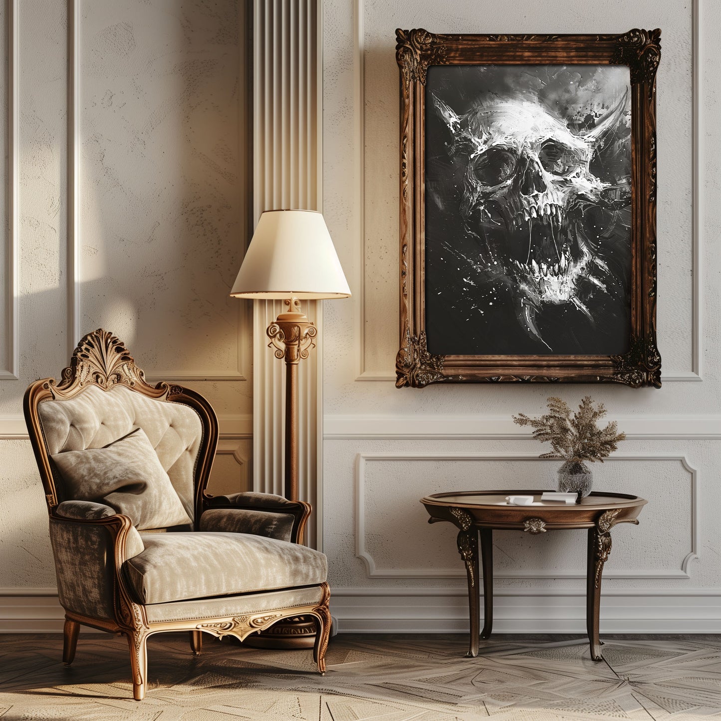 Creepy Screaming Skull Wall Decor - Black and White Horror Poster