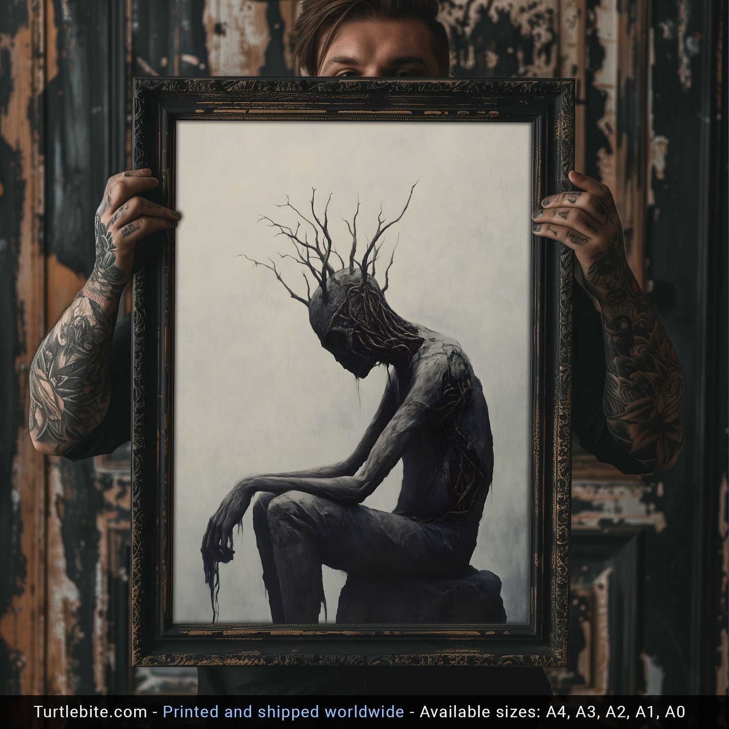 Creepy Sitting Tree Man Oil Painting Poster | Mysterious Painting