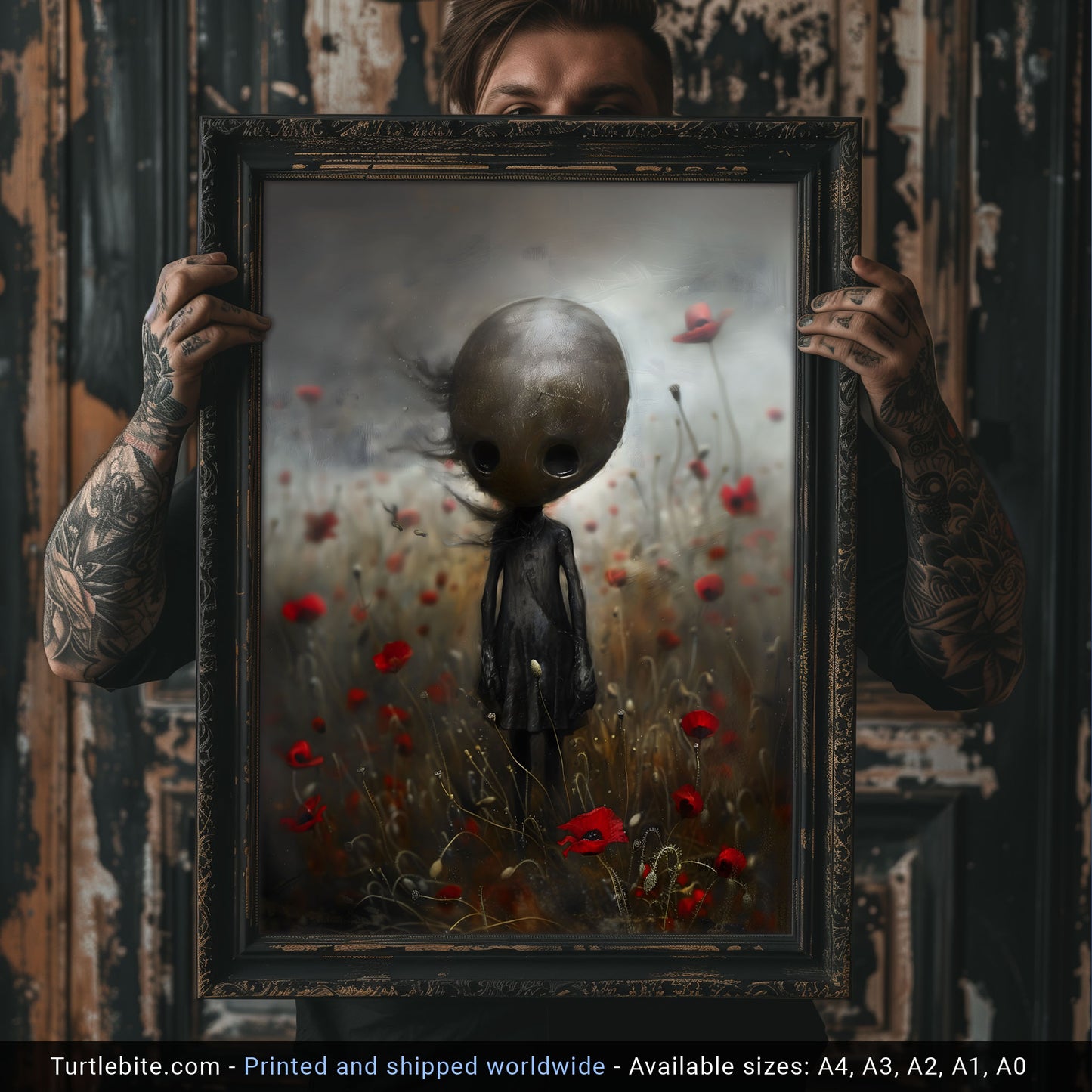 Creepy Cute Doll in Poppy Field Poster - Dark Wall Art Print