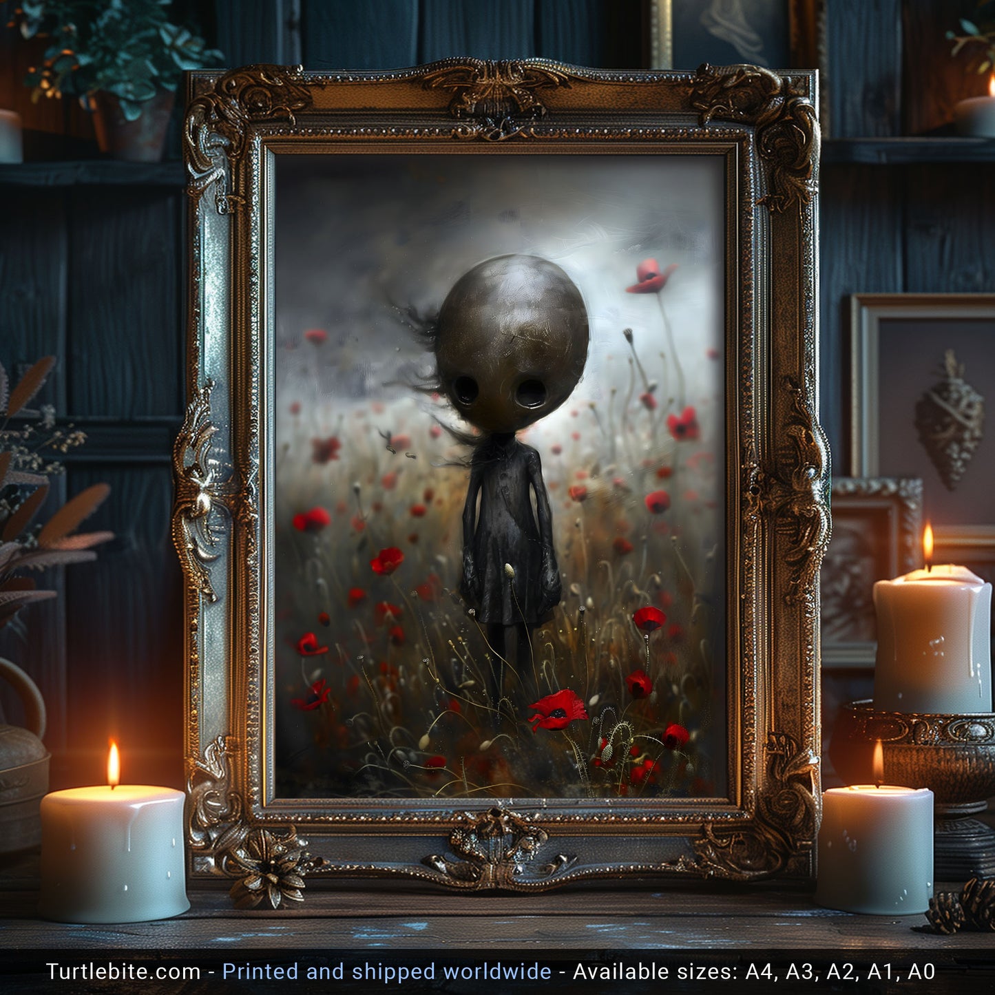 Creepy Cute Doll in Poppy Field Poster - Dark Wall Art Print