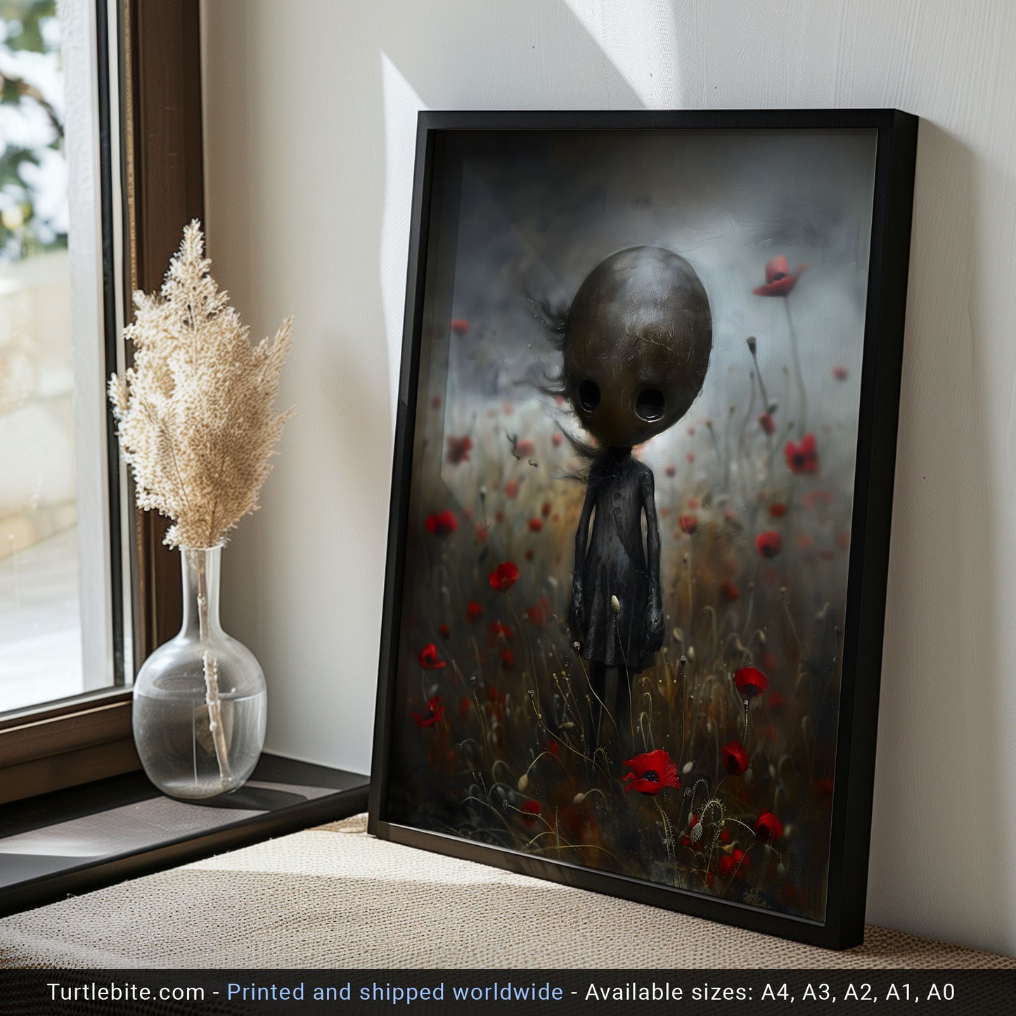 Creepy Cute Doll in Poppy Field Poster - Dark Wall Art Print