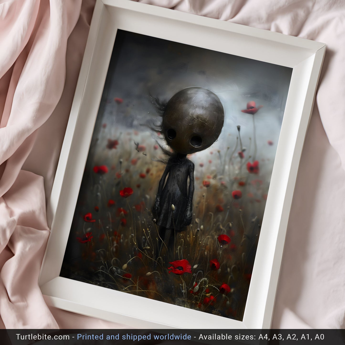 Creepy Cute Doll in Poppy Field Poster - Dark Wall Art Print