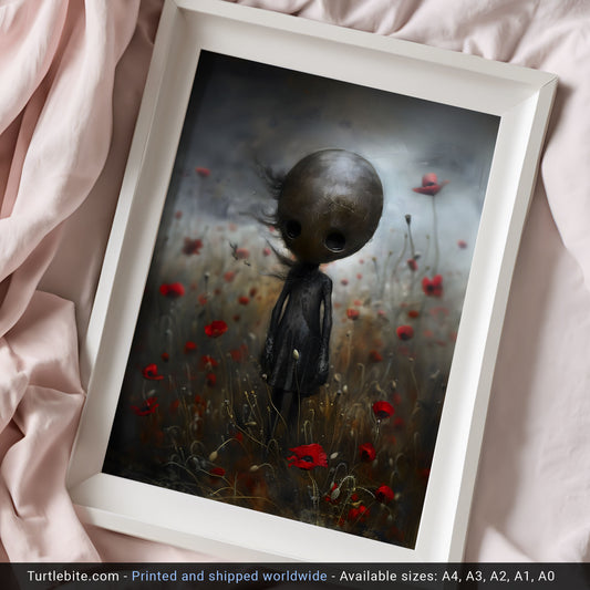 Creepy Cute Doll in Poppy Field Poster - Dark Wall Art Print