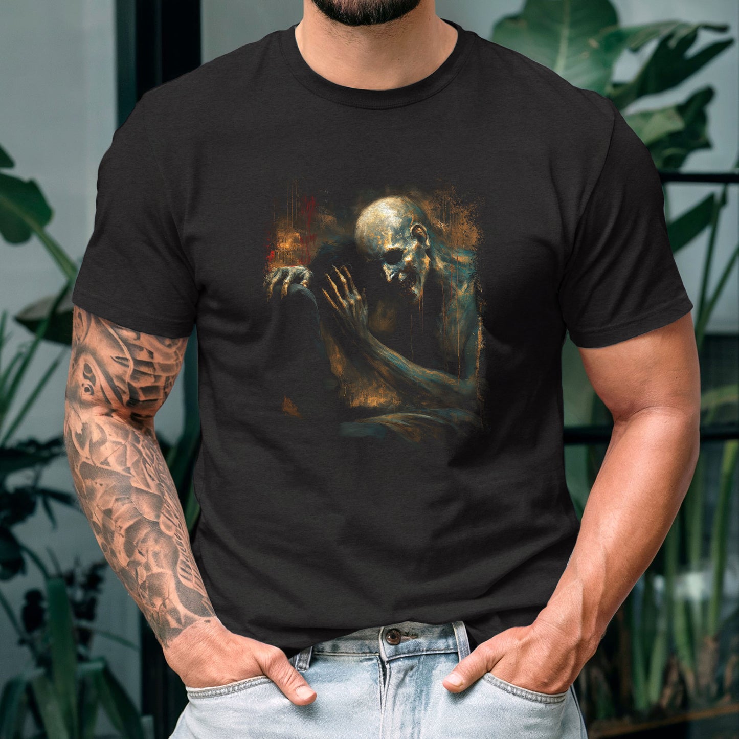 Macabre surreal art shirt depicting existential comfort with skull in moody atmospheric design