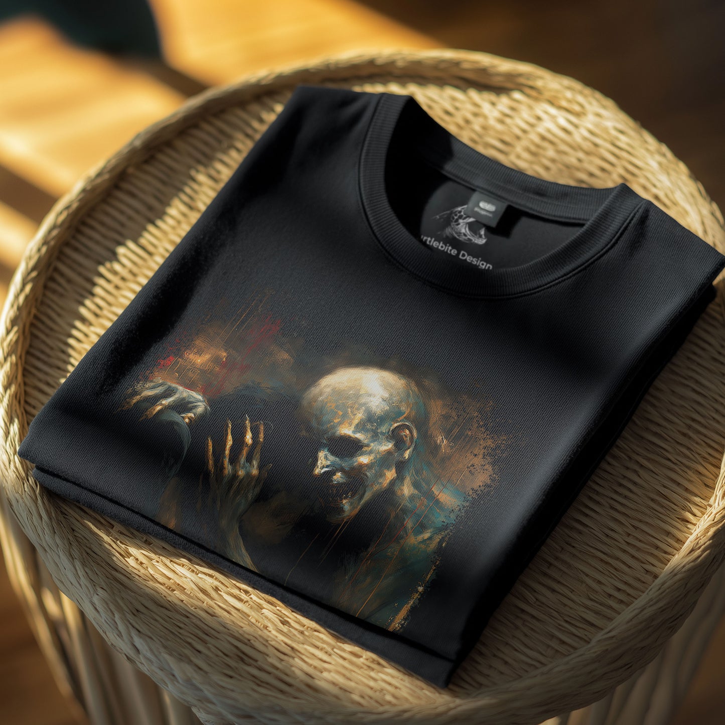 Memento mori horror tee featuring haunting skull portrait with golden and turquoise tones