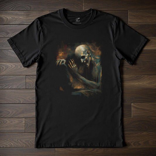 Gothic art skull t-shirt showing figure seeking comfort from death in surreal dark painting style