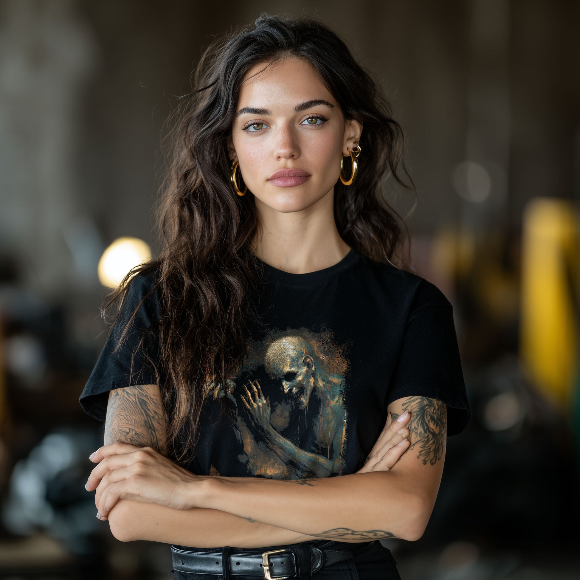 Memento mori horror tee featuring haunting skull portrait with golden and turquoise tones