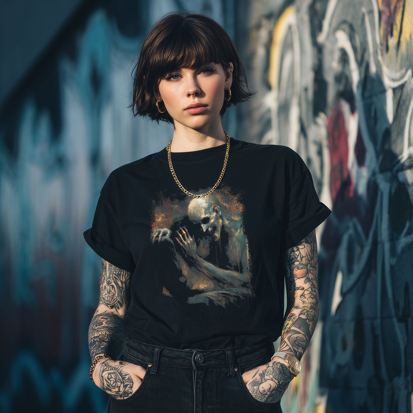 Macabre surreal art shirt depicting existential comfort with skull in moody atmospheric design
