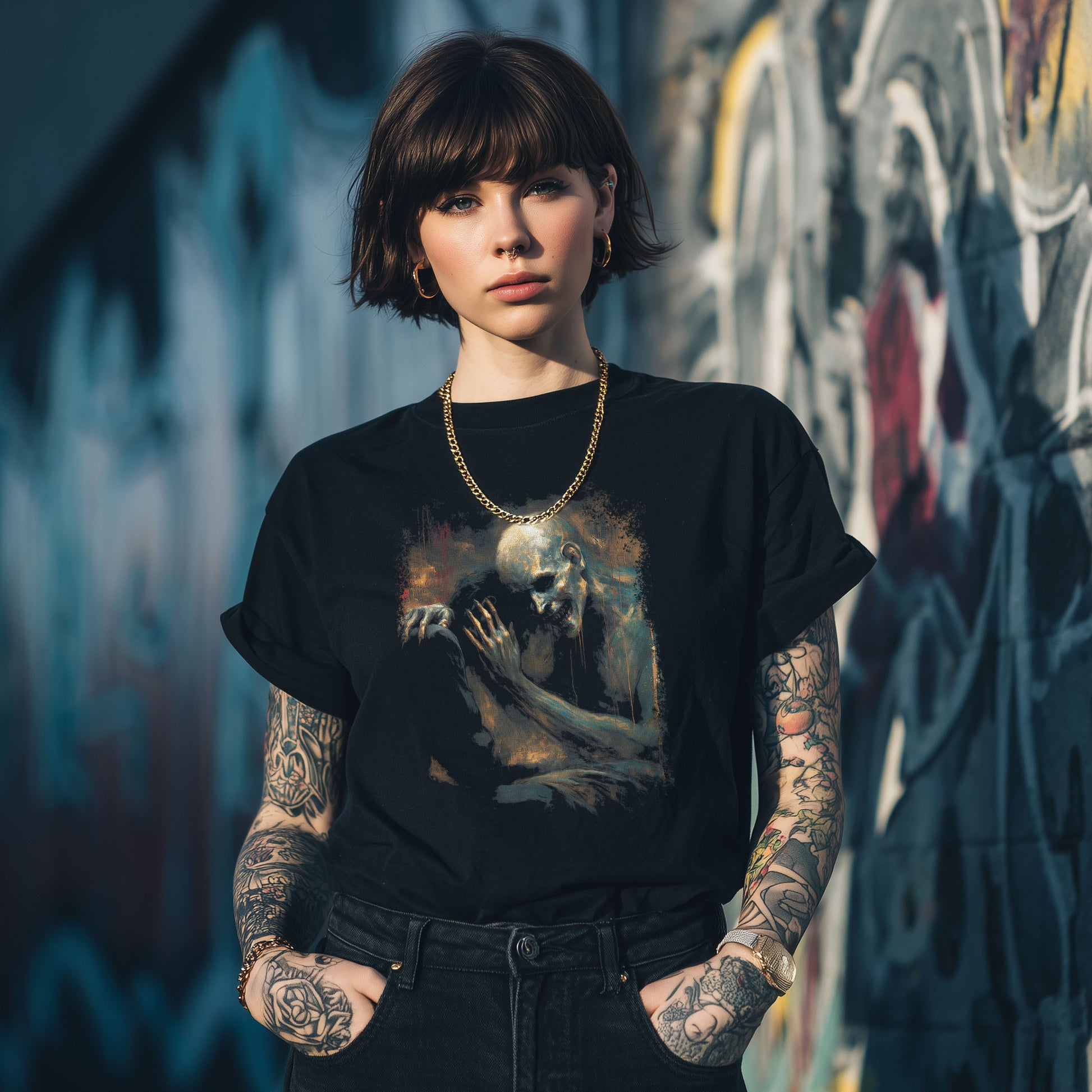Macabre surreal art shirt depicting existential comfort with skull in moody atmospheric design