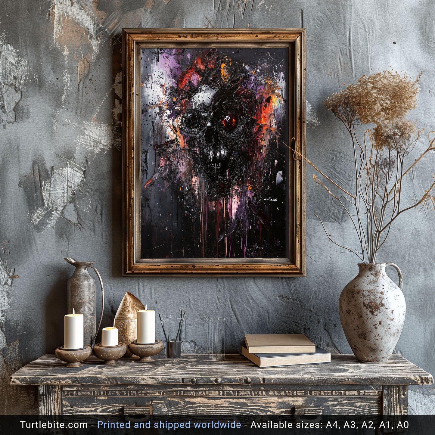 Dark Abstract Gritty Skull Oil Painting Poster | Whimsical Dark Aesthetic Wall Art for Living Room