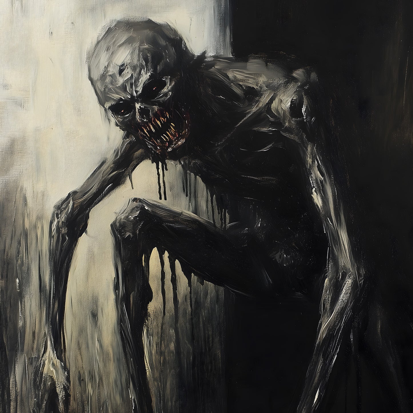 Dark Eerie Gritty Oil Painting of a Scary Creature Poster | Dark Scary Wall Art Painting Print