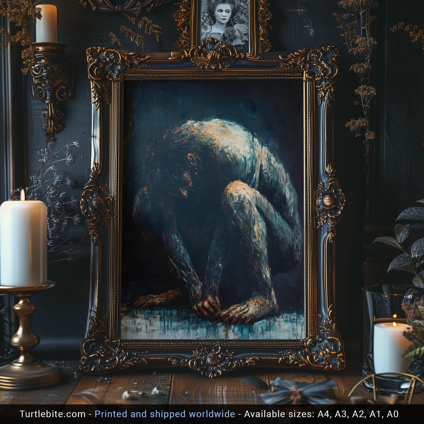 Dark Oil Painting of a Crouching Troll Poster | Moody Wall Art Print | Horror Painting Print