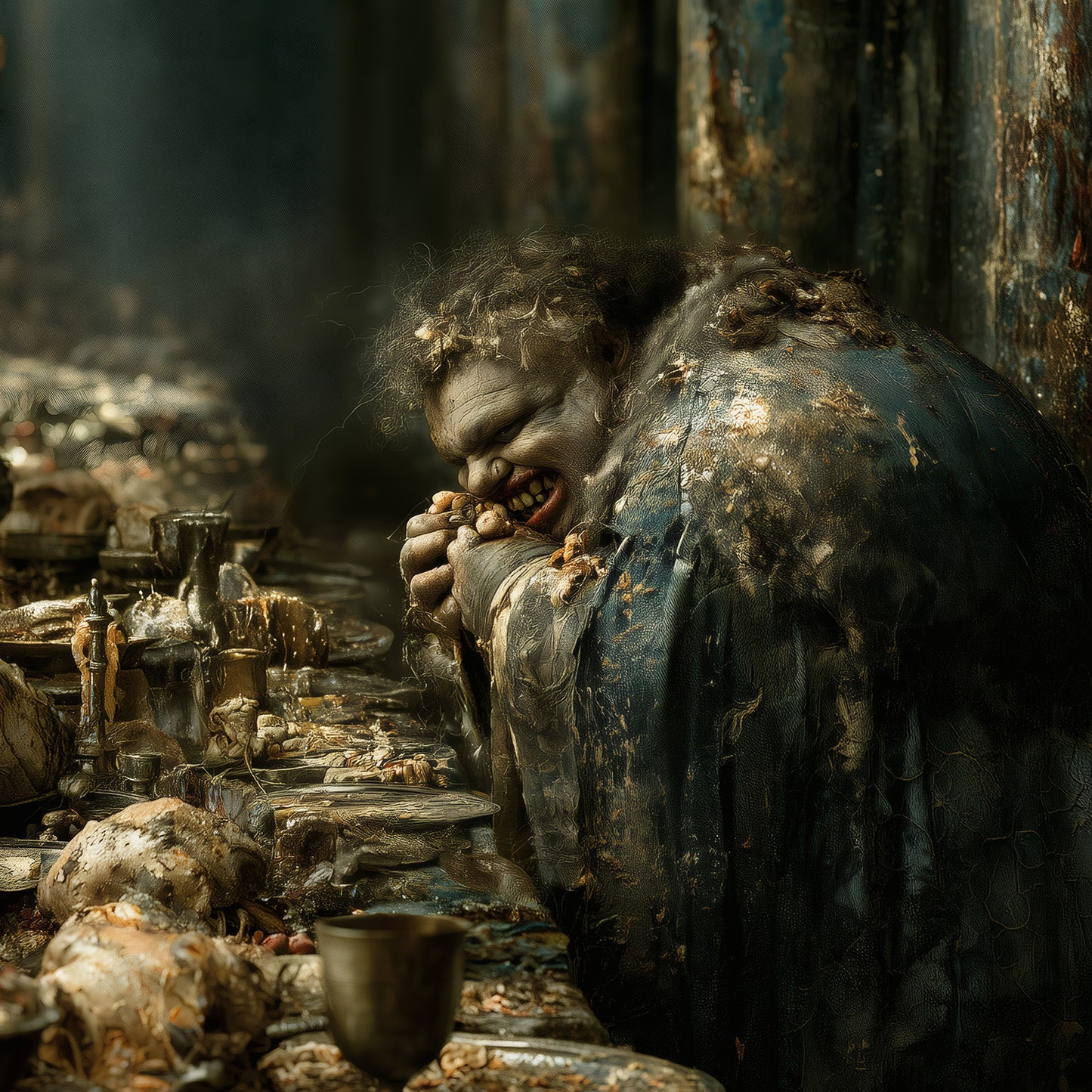 Grotesque figure grinning at a decayed baroque banquet table, dark humor wall art print