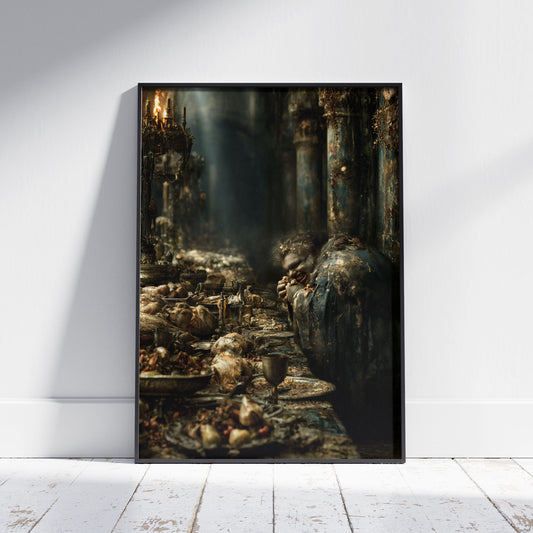 Grotesque figure grinning at a decayed baroque banquet table, dark humor wall art print