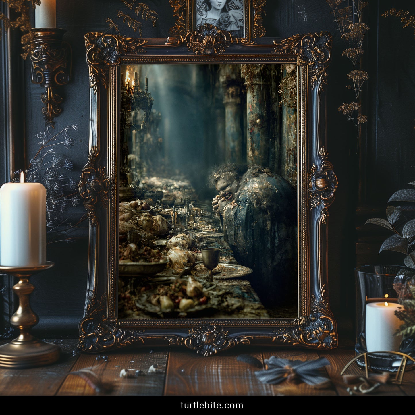 Grotesque figure grinning at a decayed baroque banquet table, dark humor wall art print