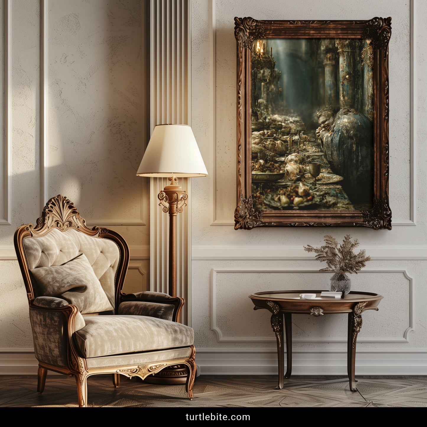 Dark art poster featuring a hunched monstrous man feasting alone in a crumbling gothic hall