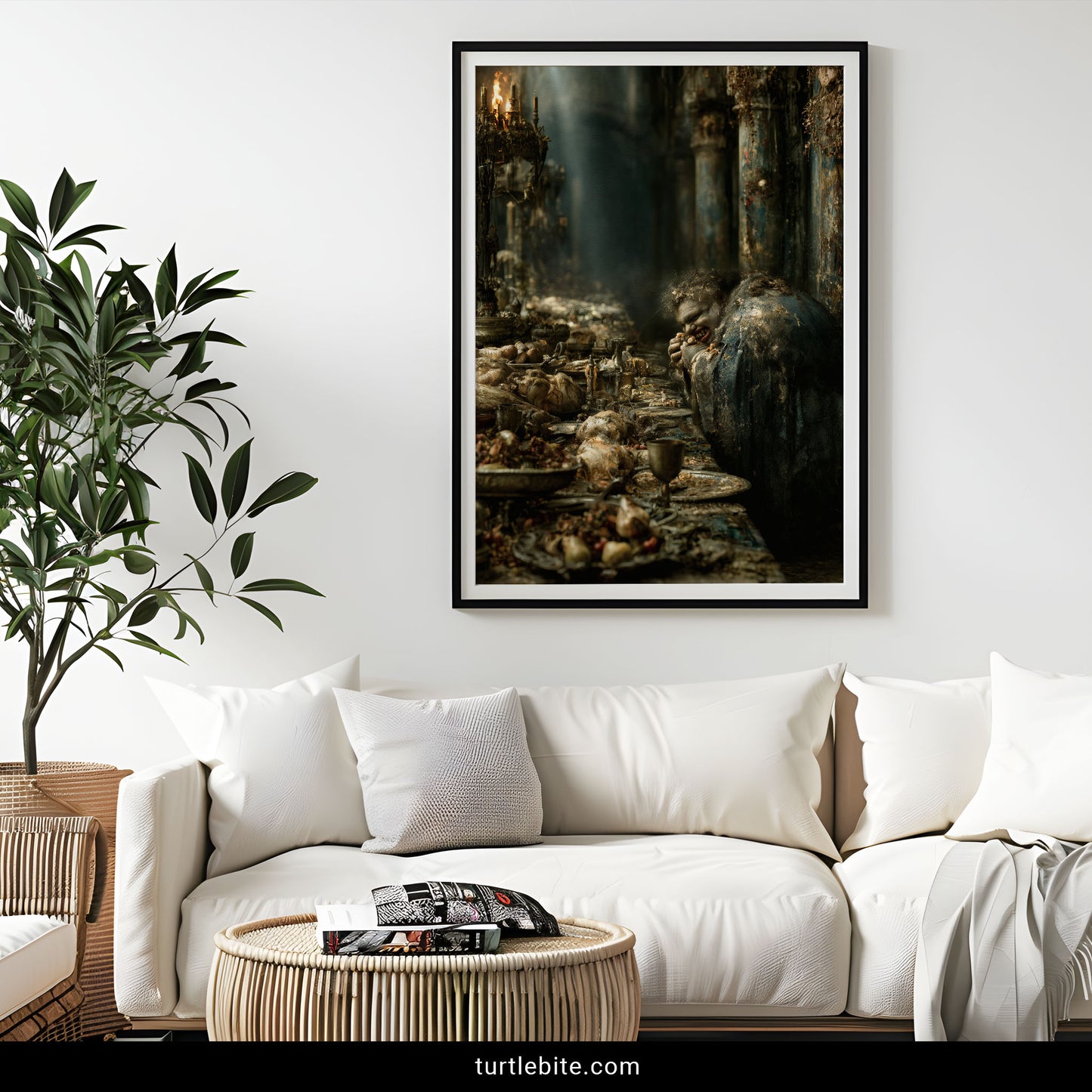 Dark art poster featuring a hunched monstrous man feasting alone in a crumbling gothic hall
