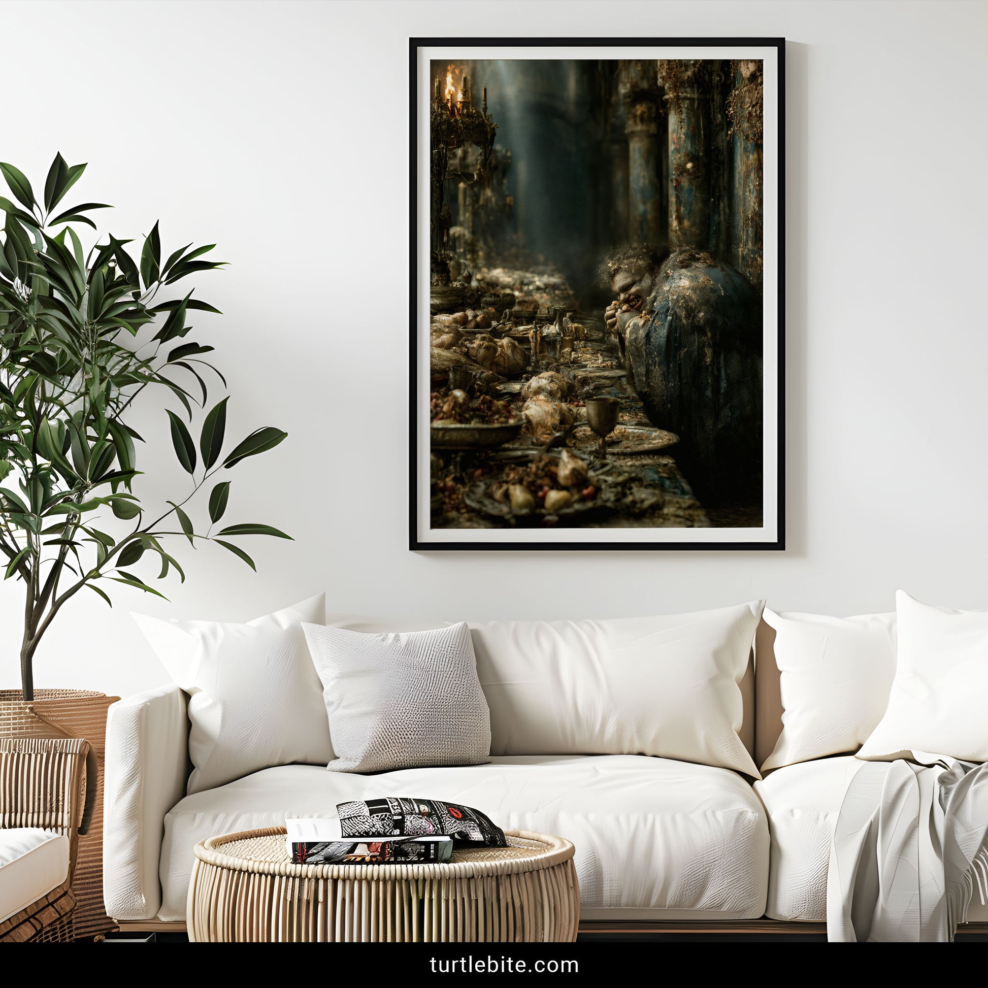 Dark art poster featuring a hunched monstrous man feasting alone in a crumbling gothic hall