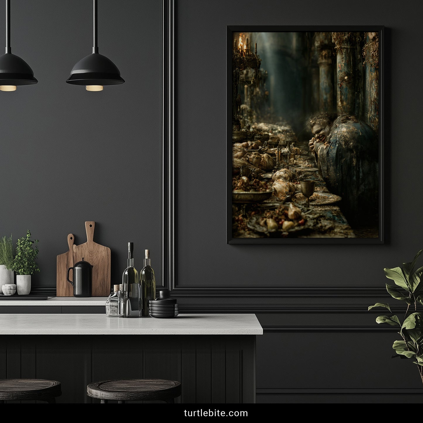 Surreal horror art print of a gluttonous creature at a rotten feast surrounded by candlelight