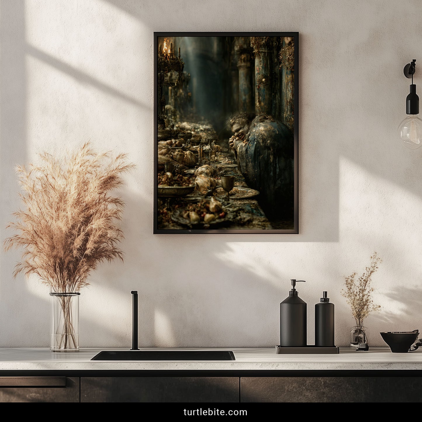 Surreal horror art print of a gluttonous creature at a rotten feast surrounded by candlelight