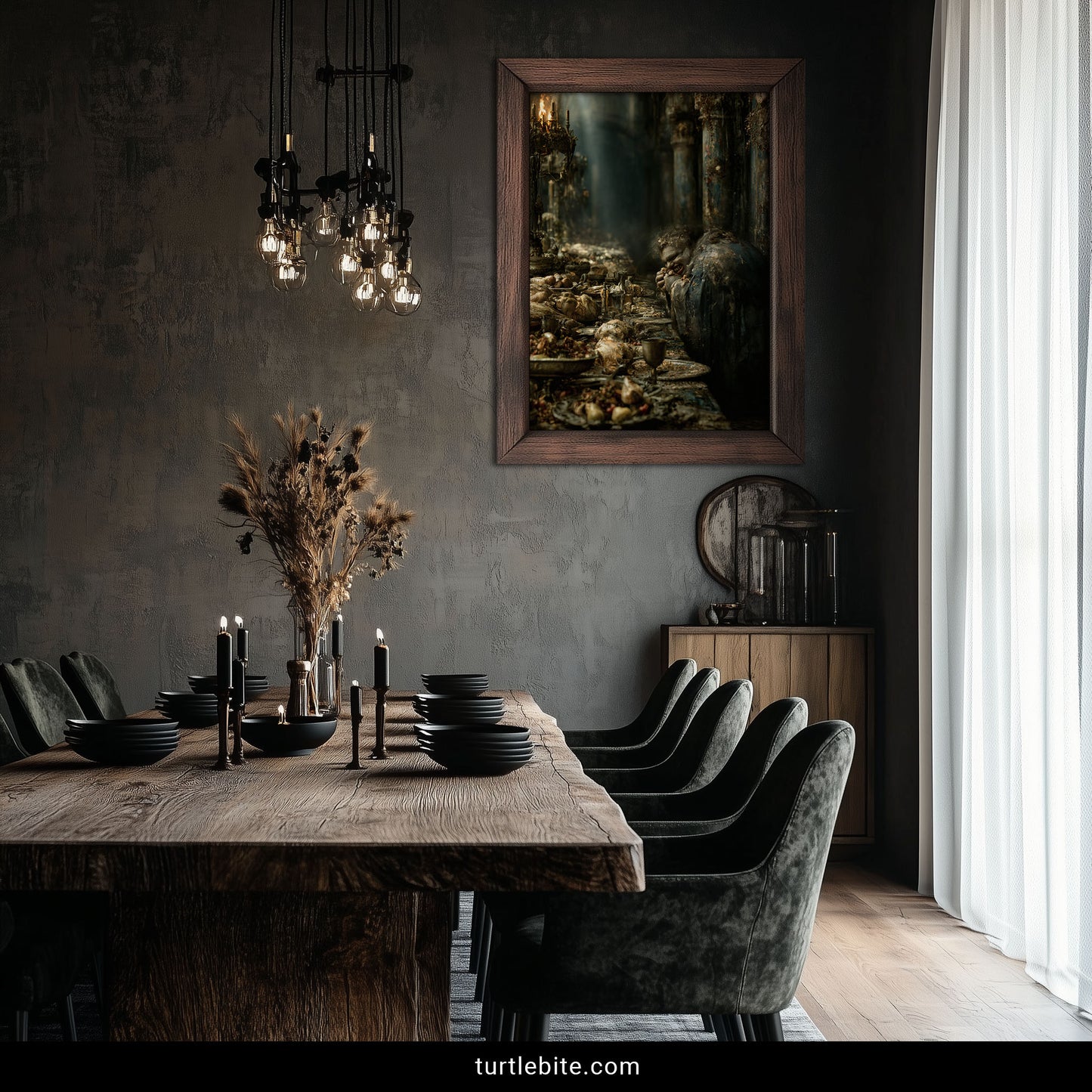 Baroque dark humor poster with grotesque banquet scene, gothic home decor wall art
