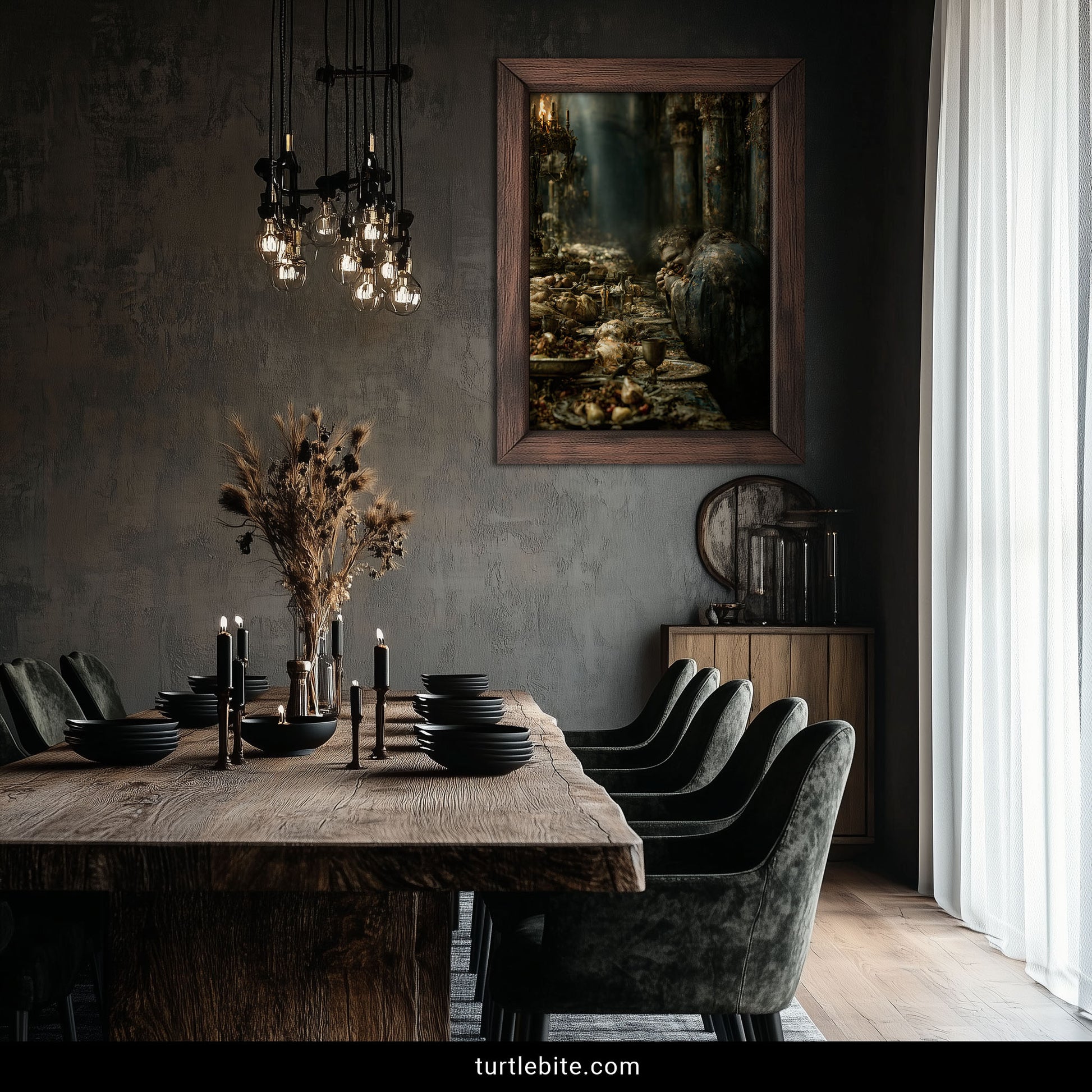 Baroque dark humor poster with grotesque banquet scene, gothic home decor wall art