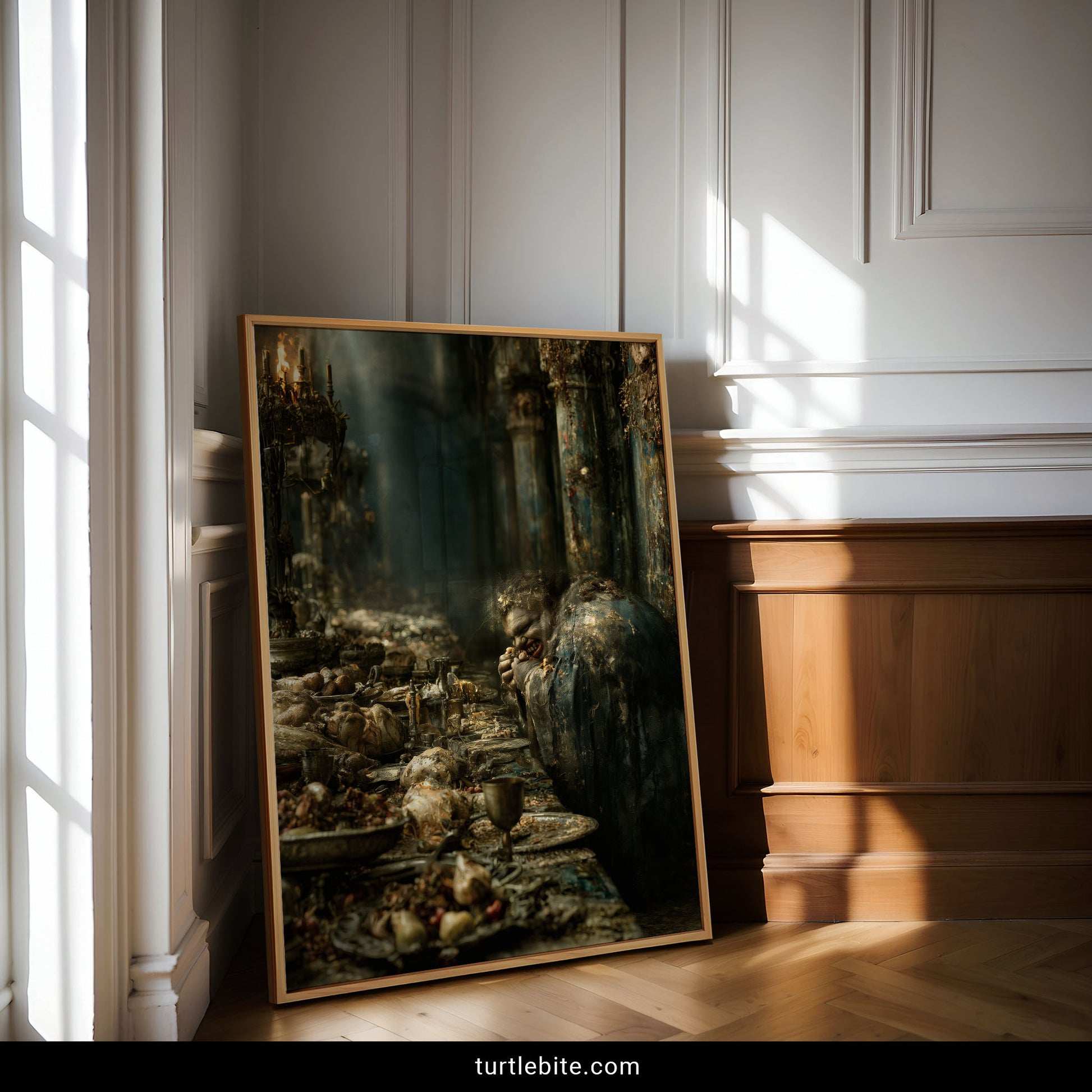 Dark art poster featuring a hunched monstrous man feasting alone in a crumbling gothic hall