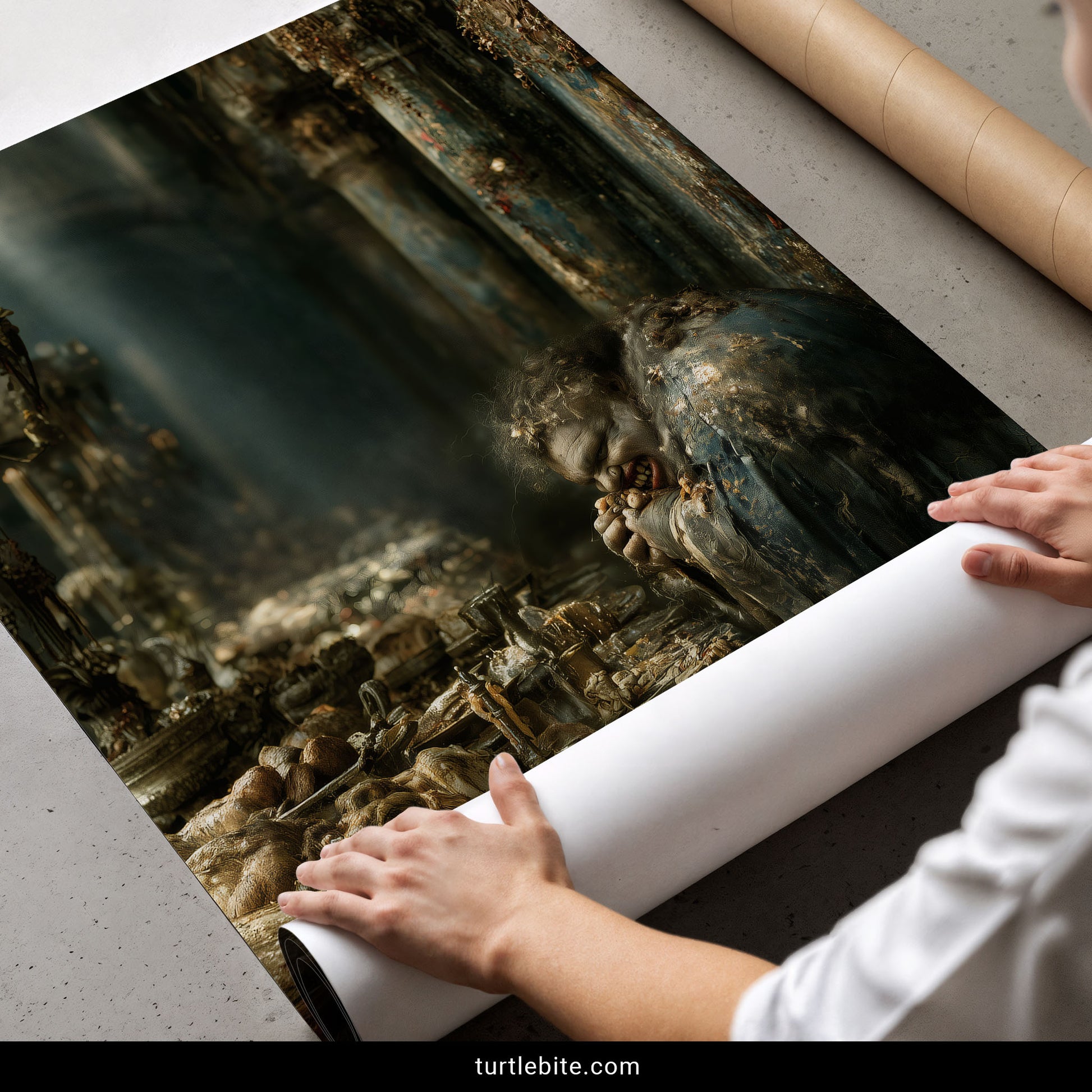 Macabre art print of a grinning figure at a crumbling feast table, dark academia wall decor