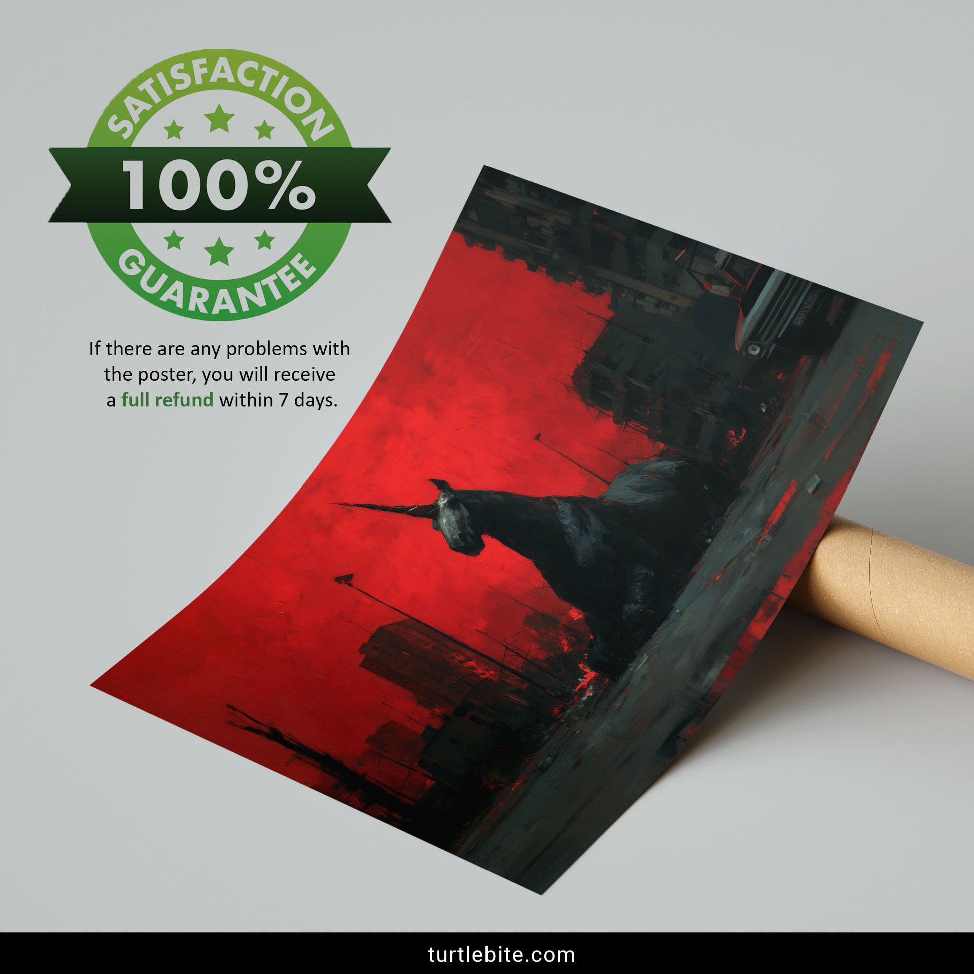 Gothic wall art of a massive black unicorn in a ruined urban landscape with crimson atmospheric background
