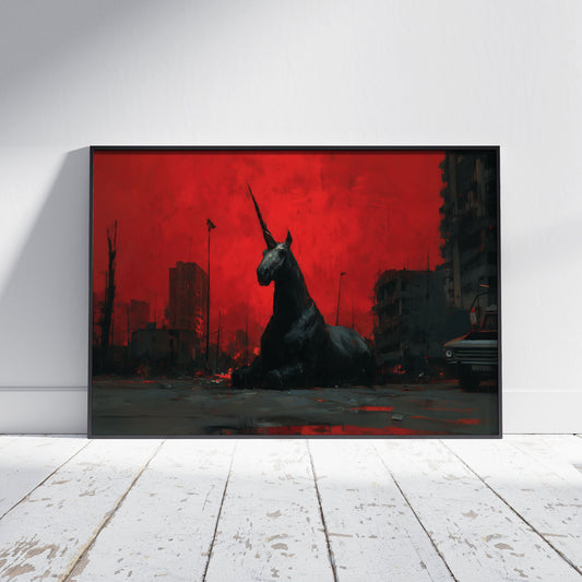 Dark unicorn poster showing a black unicorn resting in an apocalyptic city under a blood-red sky